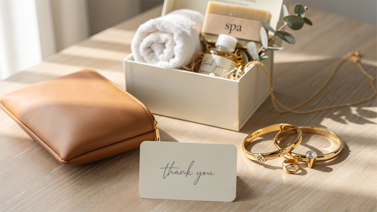 Composition éditoriale de bijoux dorés, d’un accessoire en cuir, d’un coffret bien-être et d’une carte vierge sur une table claire.