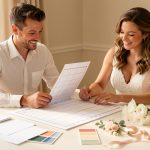 Un homme et une femme souriants organisent leur mariage autour d’une table lumineuse avec des documents vierges, des cartes, des échantillons de couleurs et des fleurs blanches.