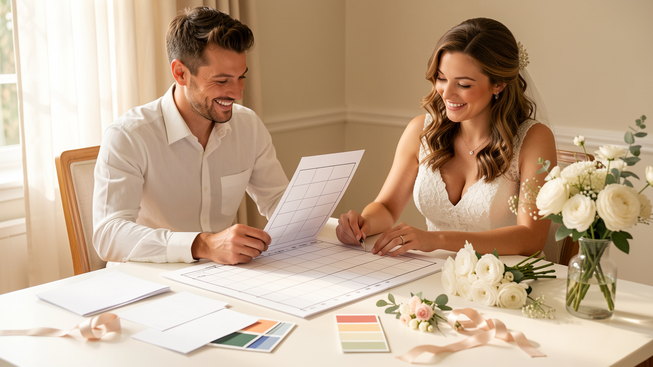 Un homme et une femme souriants organisent leur mariage autour d’une table lumineuse avec des documents vierges, des cartes, des échantillons de couleurs et des fleurs blanches.