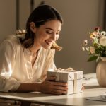 Femme souriante découvrant un cadeau d’anniversaire élégamment emballé sur une table soignée décorée de fleurs, dans une ambiance contemporaine baignée de lumière douce.