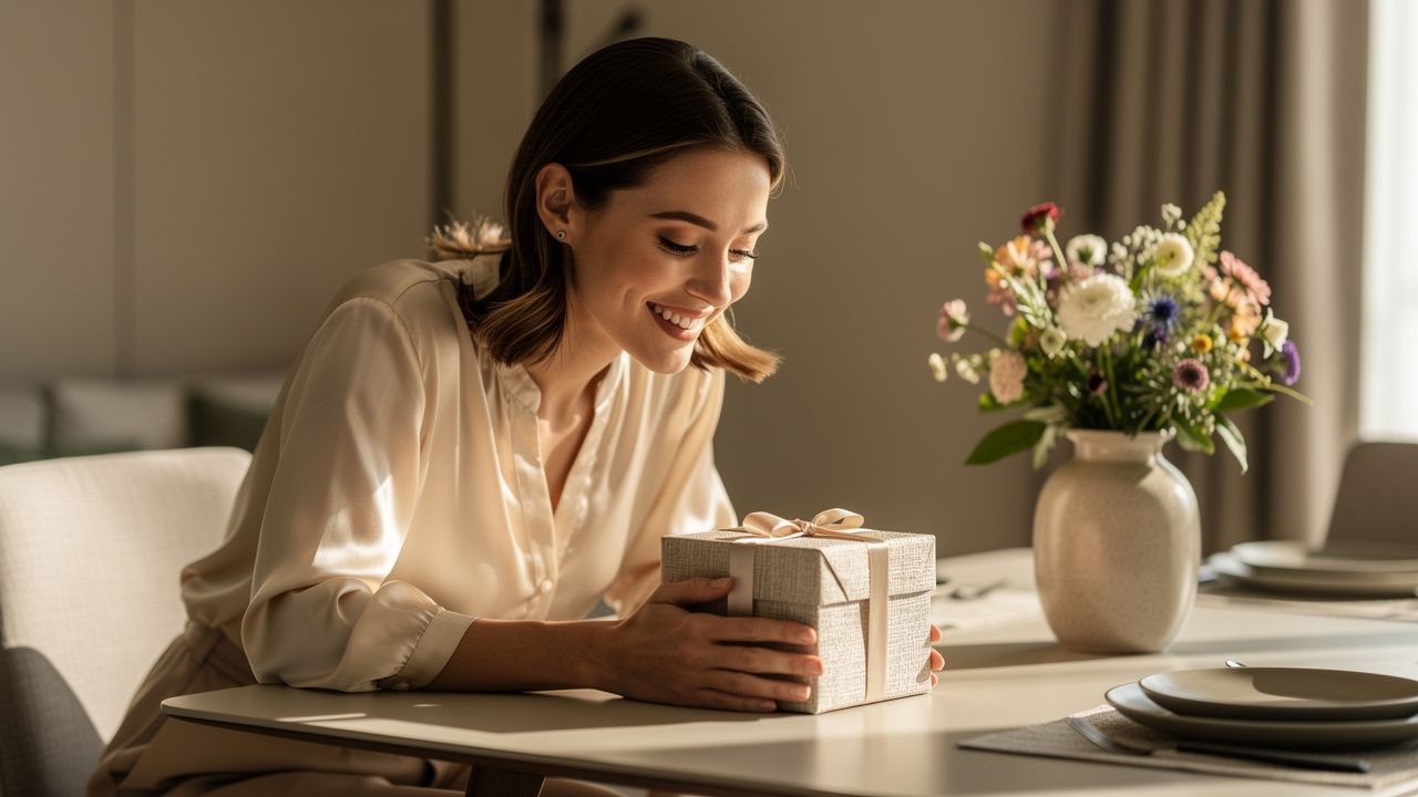 Femme souriante découvrant un cadeau d’anniversaire élégamment emballé sur une table soignée décorée de fleurs, dans une ambiance contemporaine baignée de lumière douce.