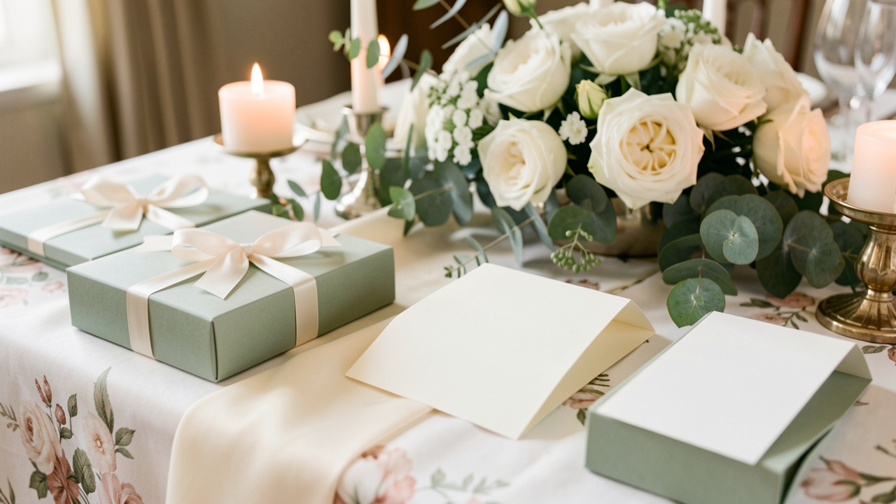 Coffrets cadeaux élégants et cartes vierges soigneusement disposés sur une table de réception décorée de fleurs blanches et d’eucalyptus.