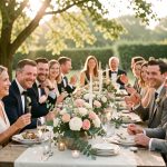Réception de mariage élégante dans la campagne belge, avec des tables fleuries, des invités souriants et une lumière dorée.