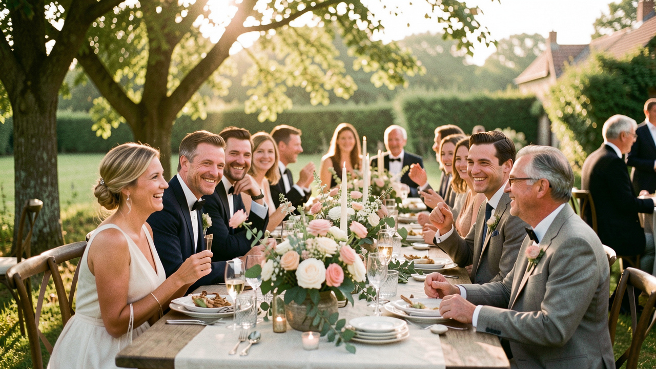 Réception de mariage élégante dans la campagne belge, avec des tables fleuries, des invités souriants et une lumière dorée.
