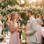 Réception de mariage élégante dans un jardin fleuri en Belgique, avec des invités élégamment vêtus profitant d’un cocktail sous une lumière dorée.