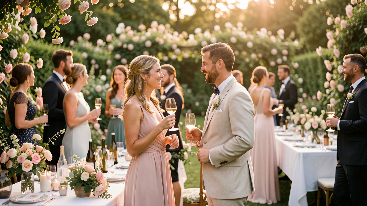 Réception de mariage élégante dans un jardin fleuri en Belgique, avec des invités élégamment vêtus profitant d’un cocktail sous une lumière dorée.