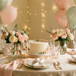 Table de fête d’anniversaire élégante avec ballons pastel sobres, fleurs fraîches, gâteau décoré sans inscription et guirlande lumineuse dans une ambiance chaleureuse.