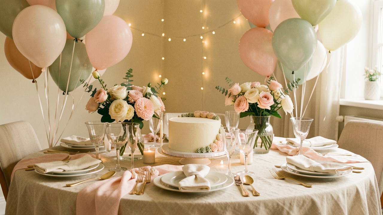 Table de fête d’anniversaire élégante avec ballons pastel sobres, fleurs fraîches, gâteau décoré sans inscription et guirlande lumineuse dans une ambiance chaleureuse.