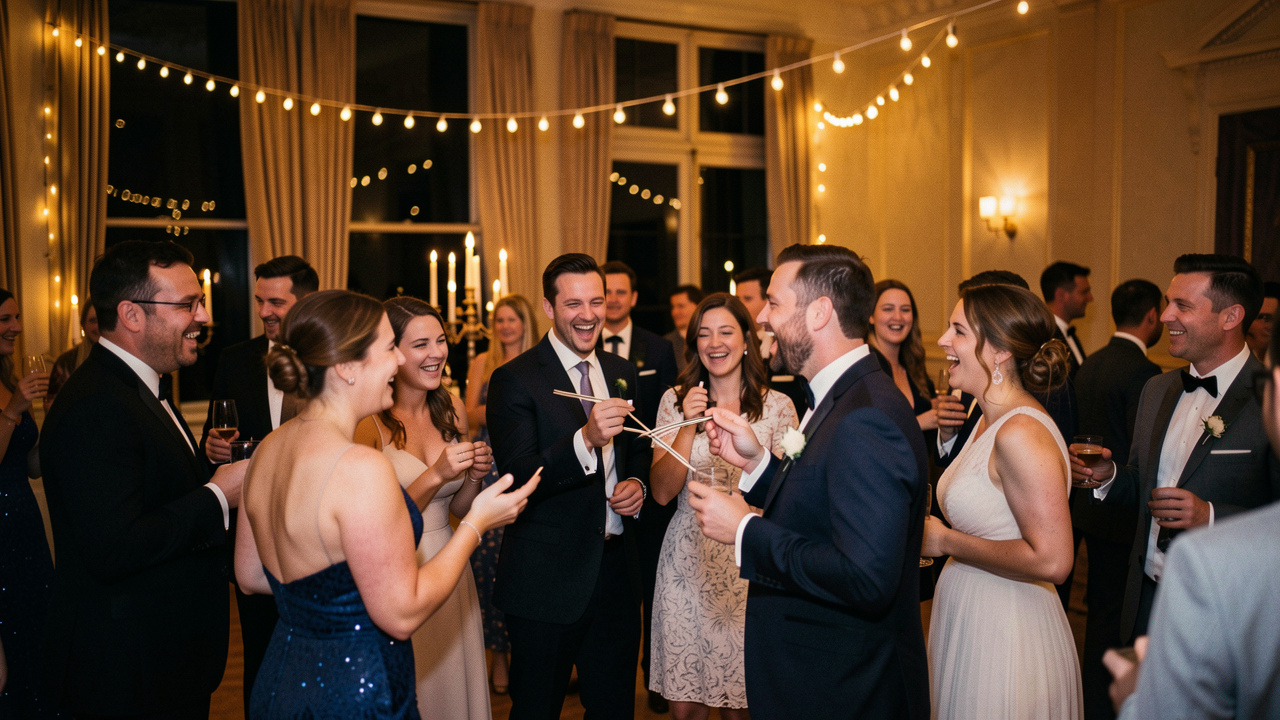 Des invités élégamment habillés s’amusent après minuit lors d’une réception de mariage avec des jeux silencieux, des lumières chaleureuses et une ambiance festive.
