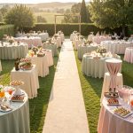 Réception de cocktail de mariage estivale organisée pour 90 personnes, avec plusieurs espaces de service répartis pour faciliter la circulation et éviter les files d’attente.