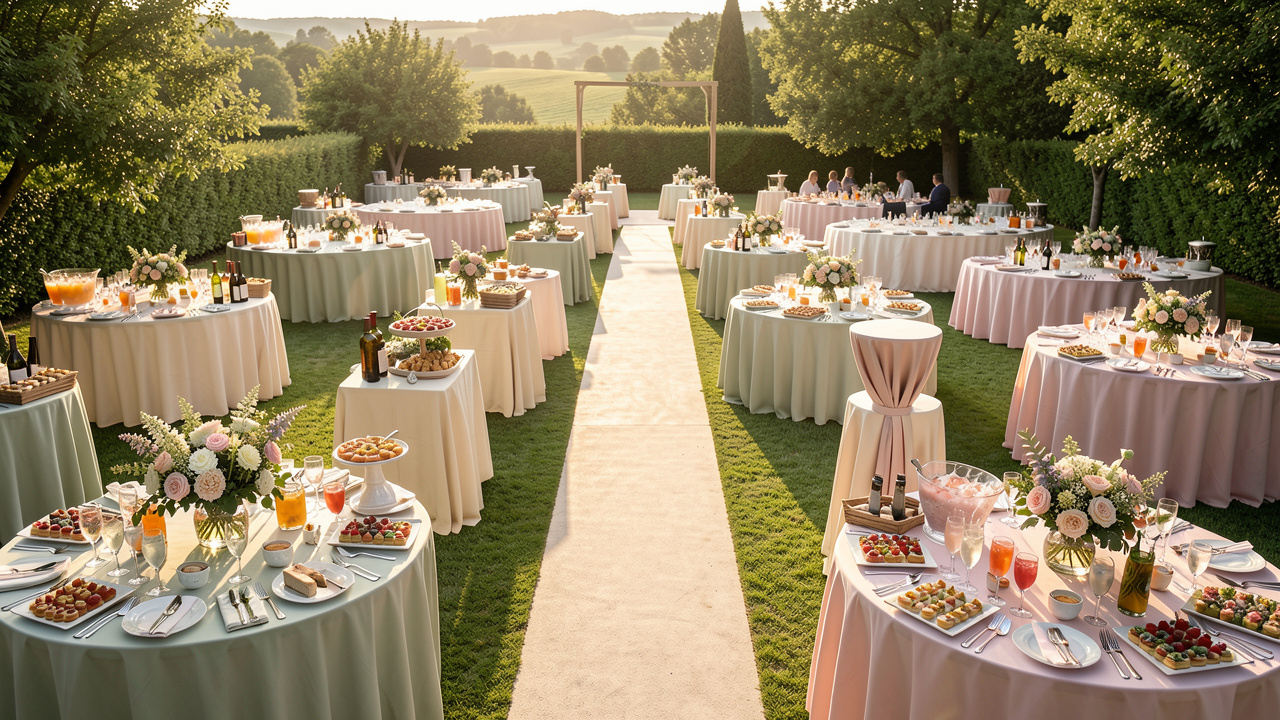 Réception de cocktail de mariage estivale organisée pour 90 personnes, avec plusieurs espaces de service répartis pour faciliter la circulation et éviter les files d’attente.