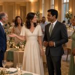 Deux familles se rencontrent chaleureusement lors d’une réception de mariage, autour des jeunes mariés, dans une ambiance conviviale et détendue.