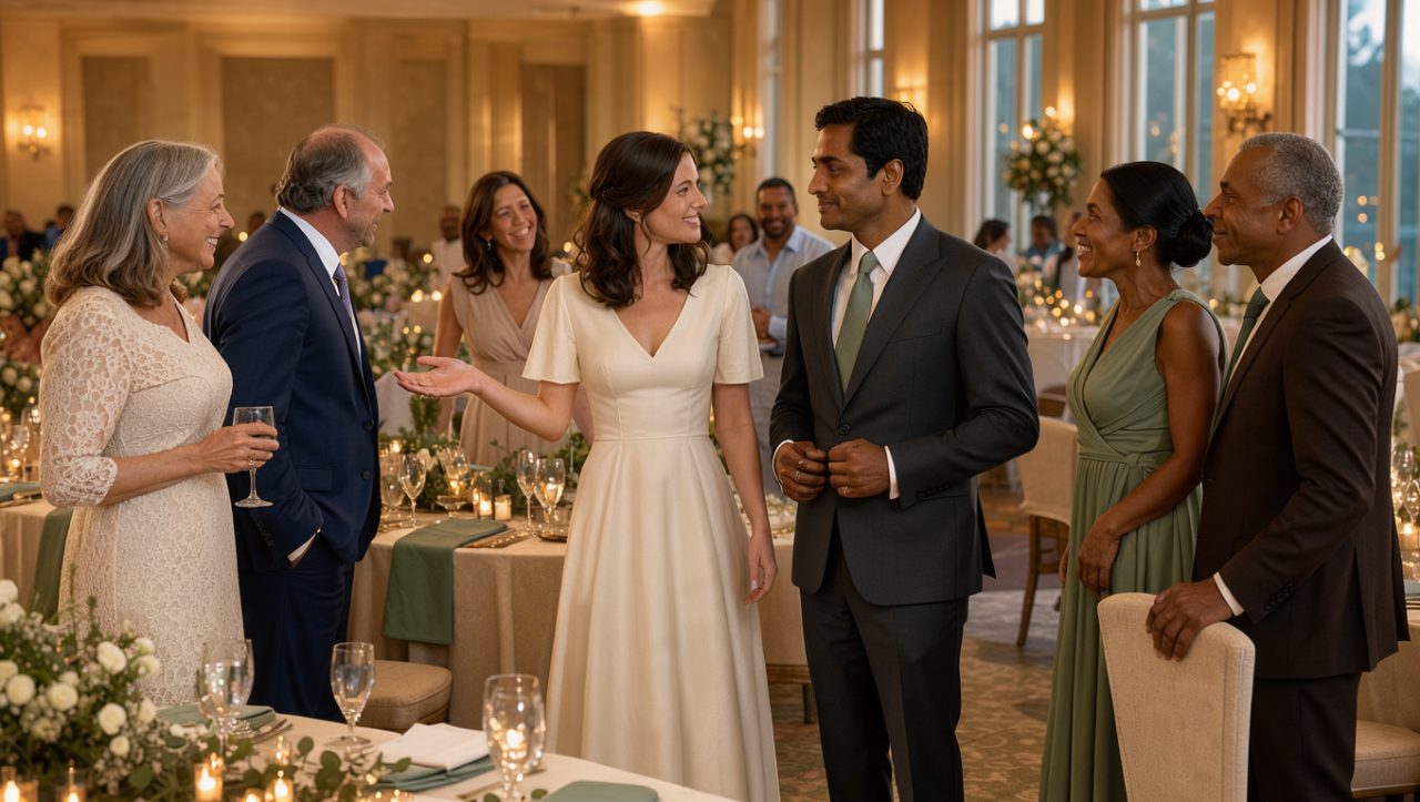 Deux familles se rencontrent chaleureusement lors d’une réception de mariage, autour des jeunes mariés, dans une ambiance conviviale et détendue.