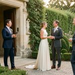Un agent de sécurité veille discrètement sur l’entrée d’un mariage élégant dans un domaine privé, tandis que les invités arrivent dans une atmosphère chaleureuse.