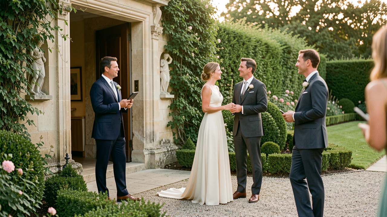 Un agent de sécurité veille discrètement sur l’entrée d’un mariage élégant dans un domaine privé, tandis que les invités arrivent dans une atmosphère chaleureuse.